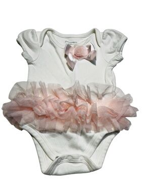 First Impressions White Onesie with Pale Pink Satin Bow and Tulle Flower